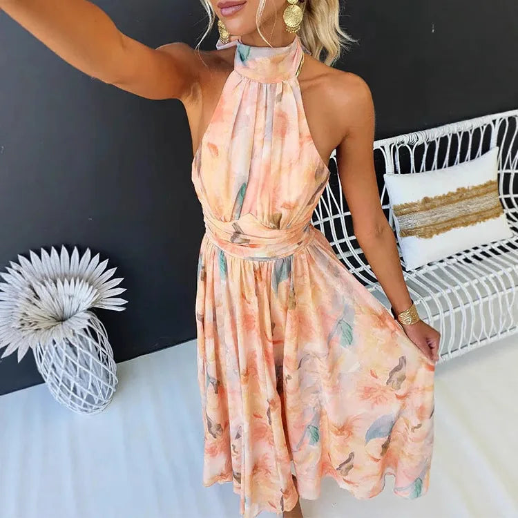 Abito lungo da donna senza schienale con spalline floreali e scollo all'americana in colore dopamina, stile temperamento, abito estivo da spiaggia di alta qualità per il mare