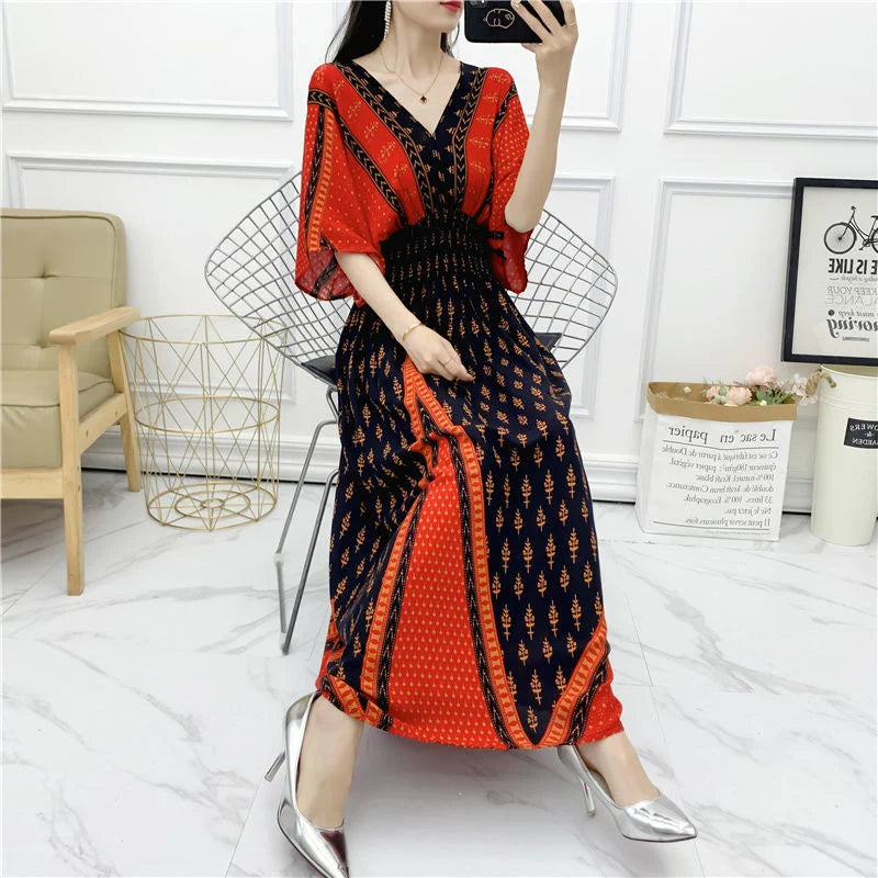 Long Women's Dress Boho Ethnic Bohemian Beach Cotton Blend Artificial Floral Short Sleeve V-neck Vintage Vacation Vestidos Robe