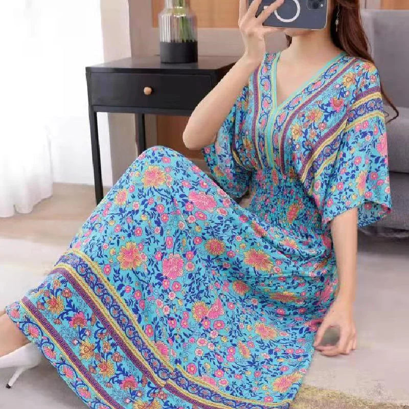 Long Women's Dress Boho Ethnic Bohemian Beach Cotton Blend Artificial Floral Short Sleeve V-neck Vintage Vacation Vestidos Robe