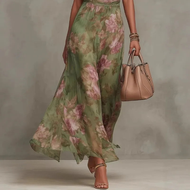 Elegante abito lungo da sera con spacco irregolare in rete arricciata stampata, canotta sexy, senza maniche, con scollo all'americana e chiffon svolazzante
