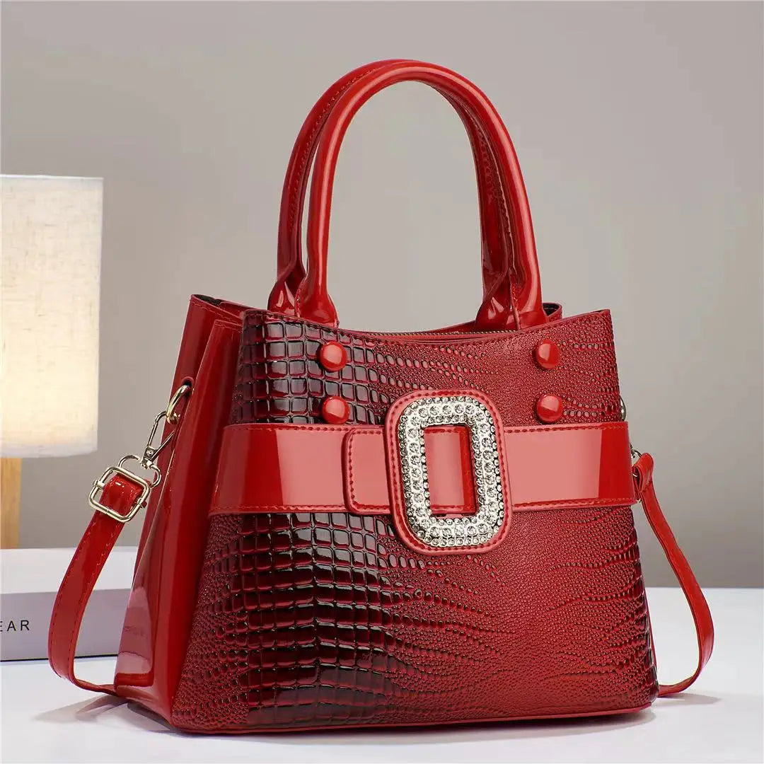 Borse Da Donna In Pelle Verniciata Di Lusso Con Strass, A Tracolla Con Motivo Coccodrillo E Manico In Metallo