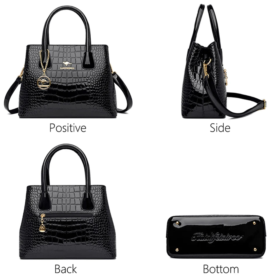 Borsa Tote in Pelle Verniciata con Motivo Coccodrillo per Donna, Borsa a Tracolla di Lusso di Design 2024 per Donna