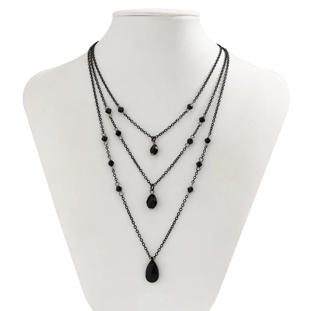 IngeSight.Z Set di collane a ciondolo a goccia in cristallo nero gotico a più strati per donna, girocollo vintage con catena a maglie in metallo nero