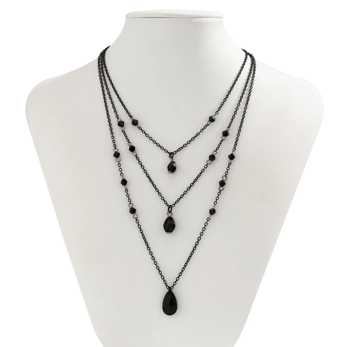 IngeSight.Z Set di collane a ciondolo a goccia in cristallo nero gotico a più strati per donna, girocollo vintage con catena a maglie in metallo nero