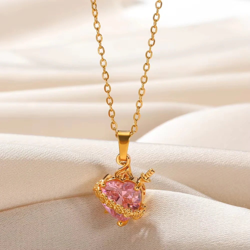 Collana da donna con zircone a cuore rosa color oro, in acciaio inossidabile, con ciondolo a freccia di Cupido Eros a cuore, gioielli di moda coreana per feste