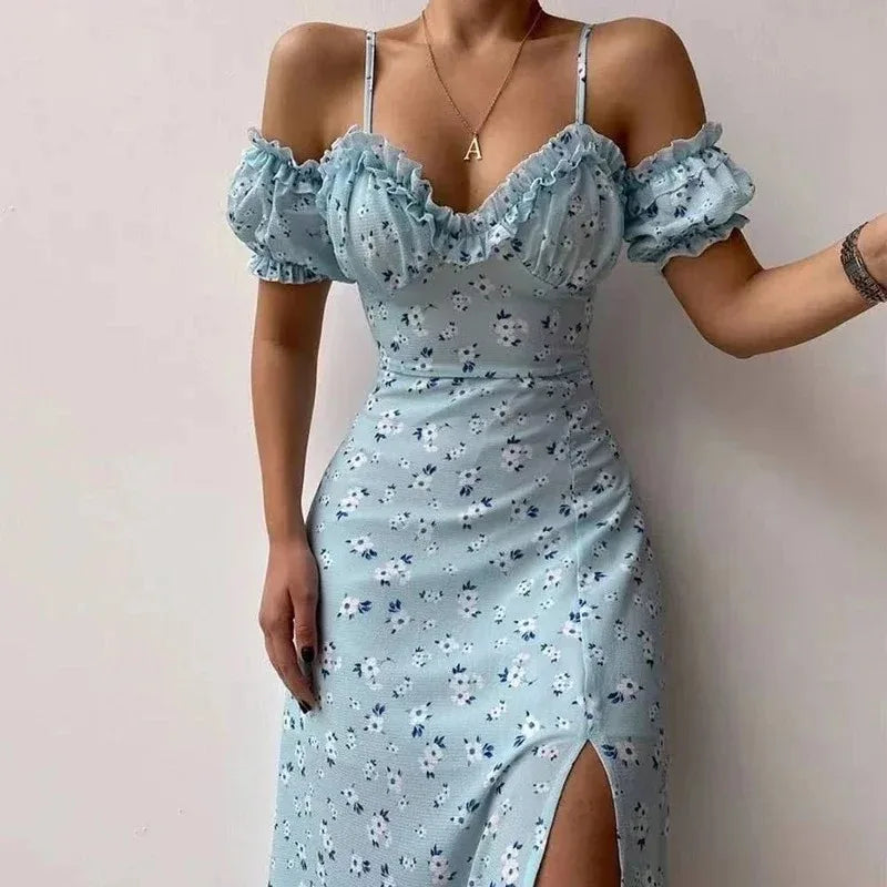Ruches Bloemen Feest Sexy Jurk Dames Zomer Elegante Strappy Off Shoulder Jurken Vrouwelijke V-hals Slim Maxi Bedrukte Jurk Robe 21764