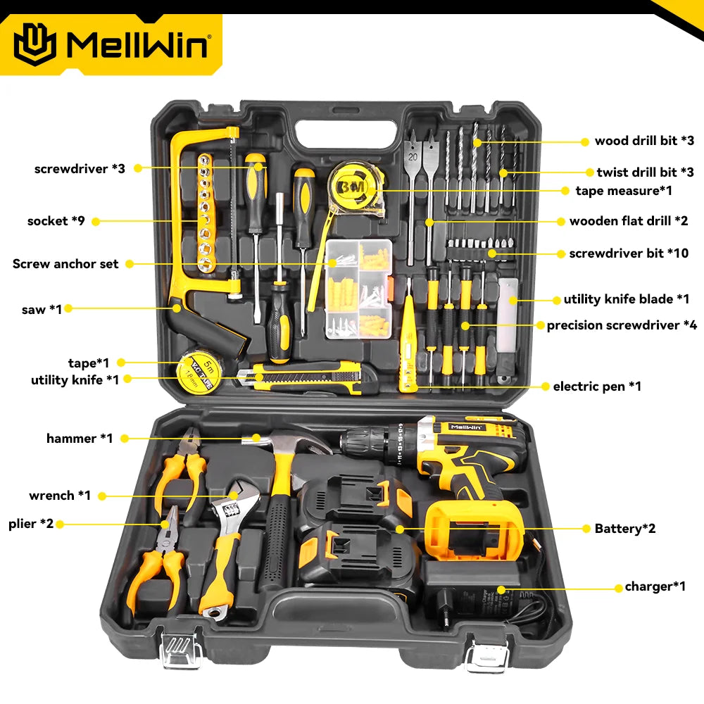 MELLWIN Trapano Avvitatore Elettrico a Percussione 25+3 Coppie, Set Multiuso Avvitatore Elettrico a Batteria, Utensile Elettrico Compatibile con Batteria Makita 18V con Perno