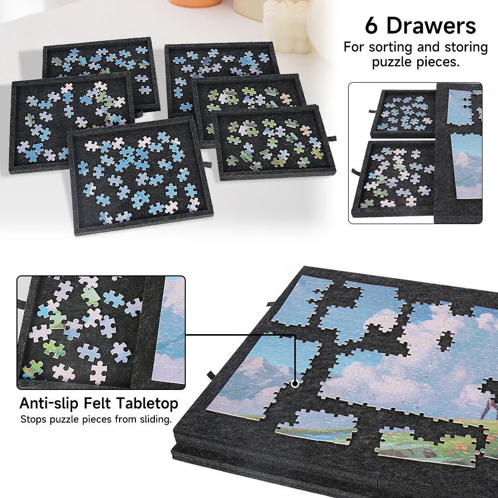 6-in-1 Puzzle Board with 6 Sliding Drawers Conveniently Stores and Sorts Puzzle Pieces for Kids' Educational & Puzzle Storage