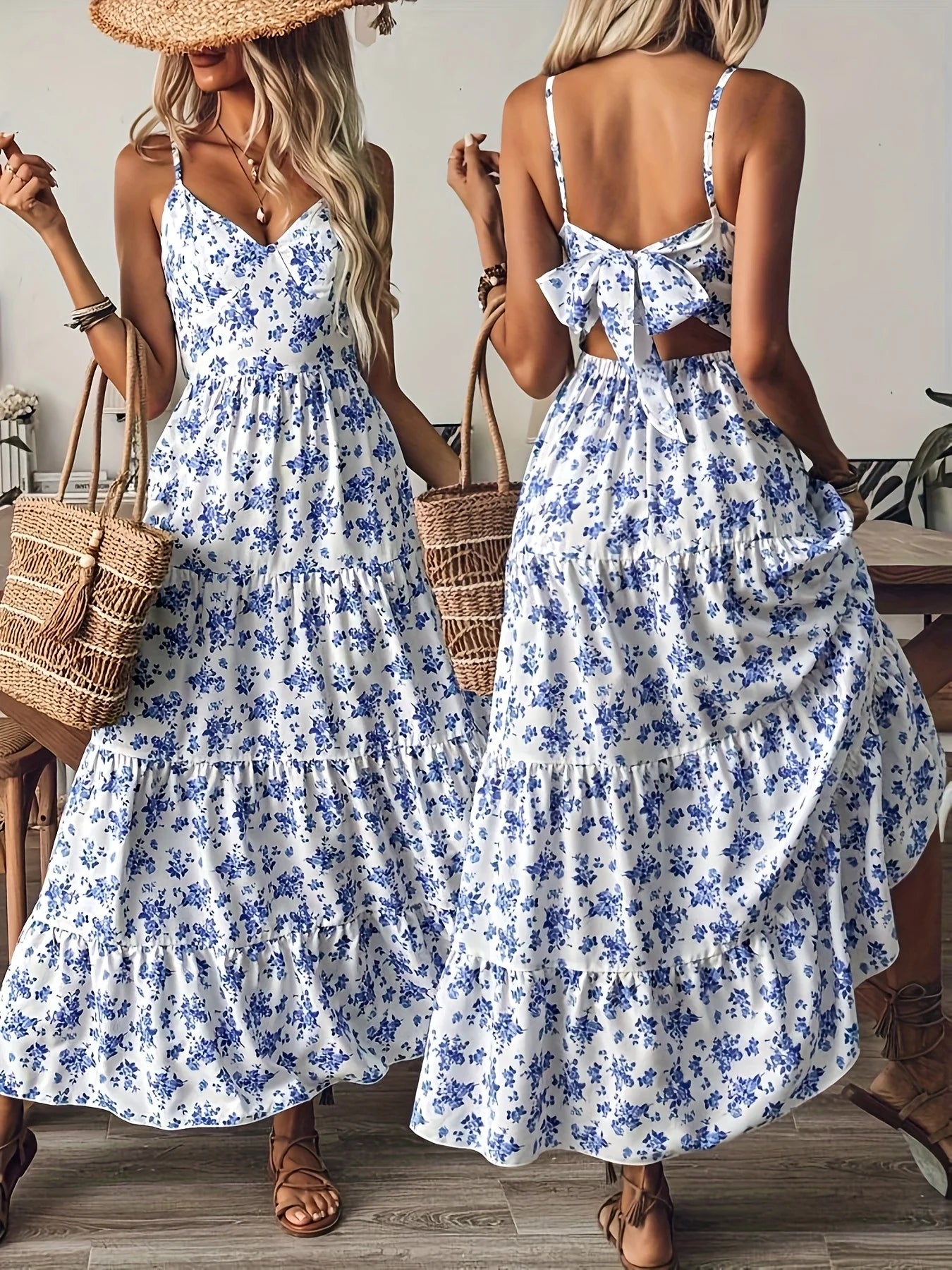 Women's Blue Floral Print Maxi Dress V-Neck Spaghetti Strap Backless Bow Tie Tiered Long Dress 2026 Summer Casual Beach Sundress