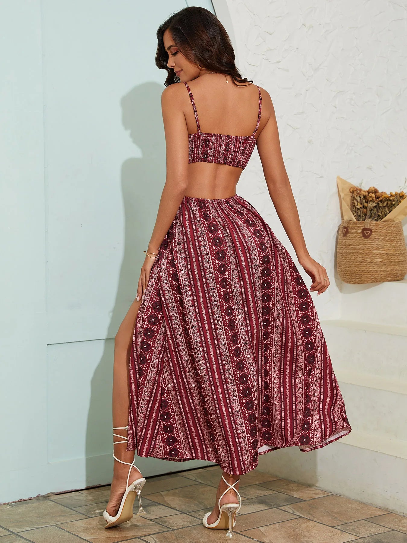 Diepe V-hals Strapless Jurk met Hoge Split, Maxi Jurk met Bloemenprint voor Strand of Feest, Zomerkleding voor Dames