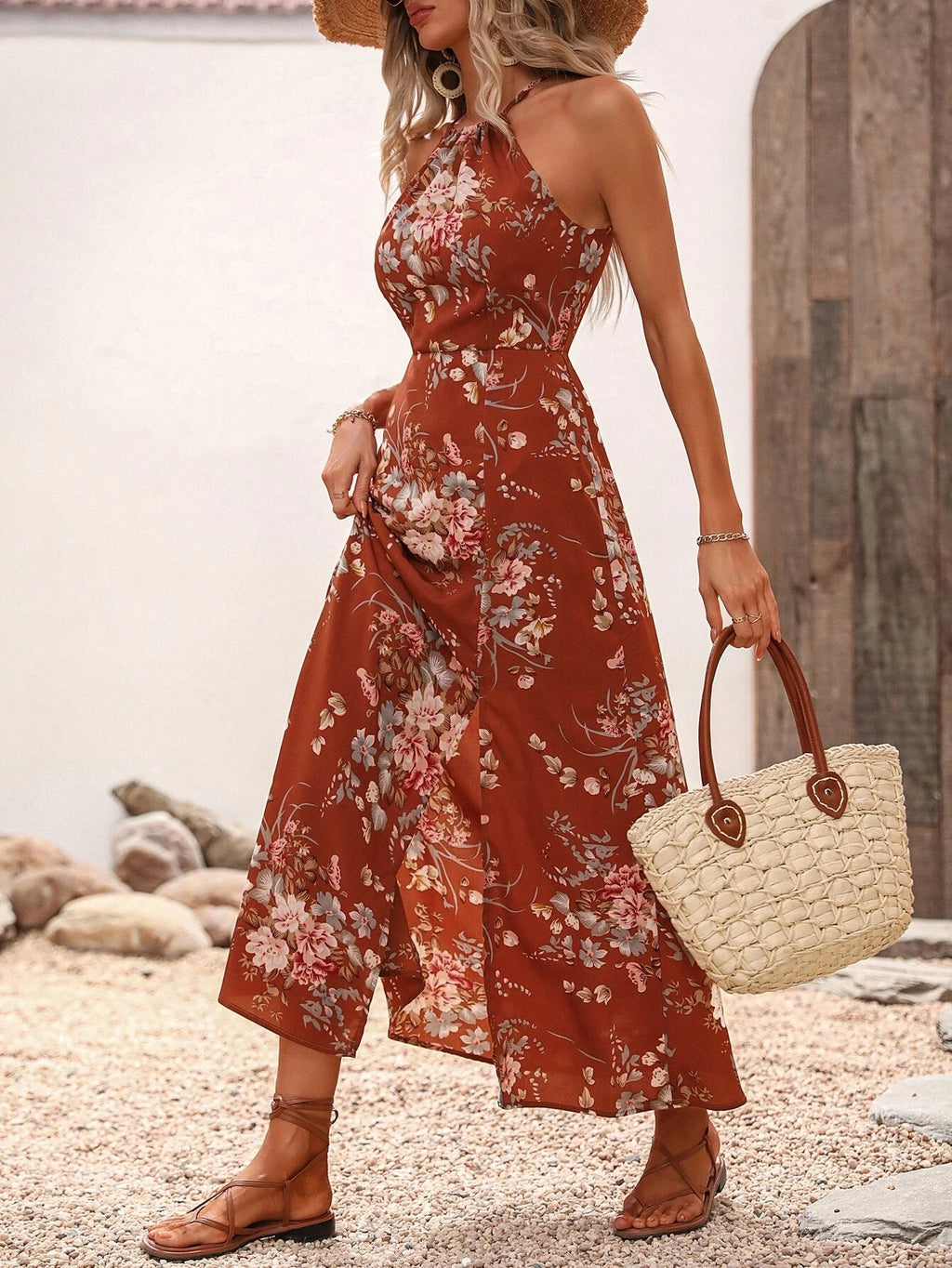 Bloemenprint Hoge Split Dij Halterjurk voor Dames - Zomer Mouwloos Sexy Nauwsluitende Strandfeest Clubkleding