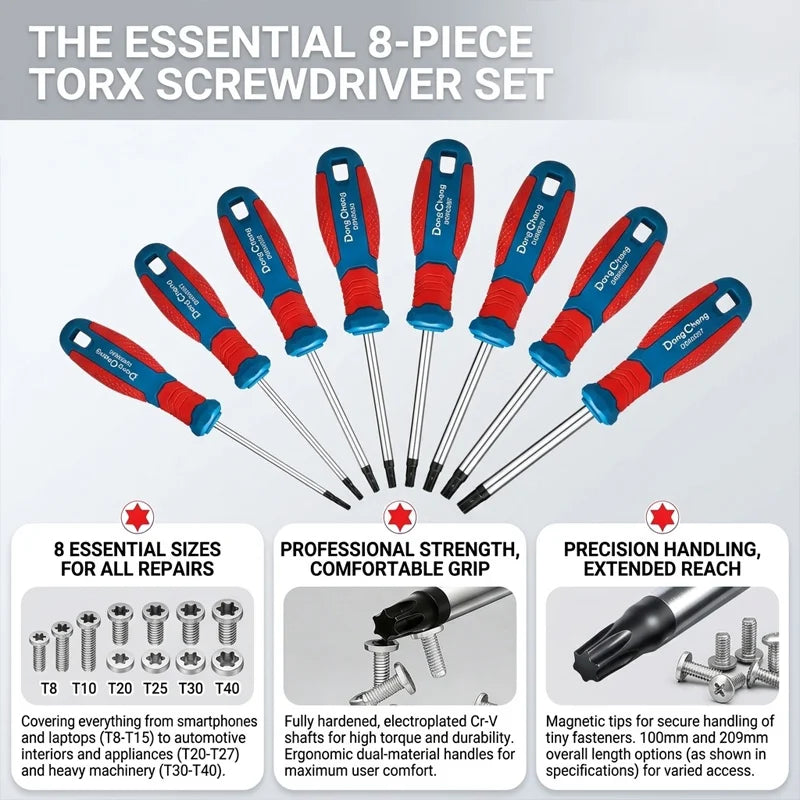 8-delige Torx schroevendraaierset T8-T40 100 mm CR-V warmtebehandeld magnetische tip verchroomde bi-color handgreep sterke momentsleutelset