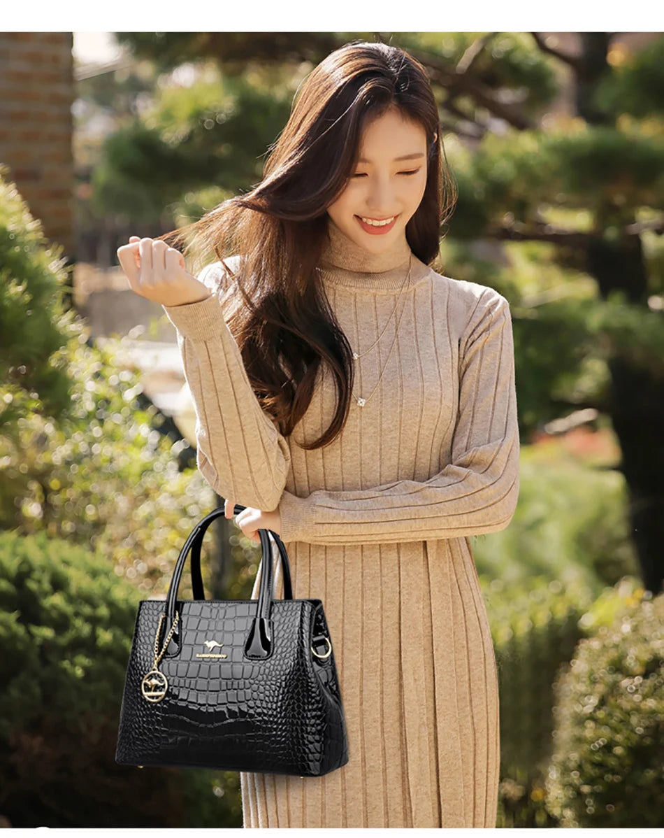 Borsa Tote in Pelle Verniciata con Motivo Coccodrillo per Donna, Borsa a Tracolla di Lusso di Design 2024 per Donna