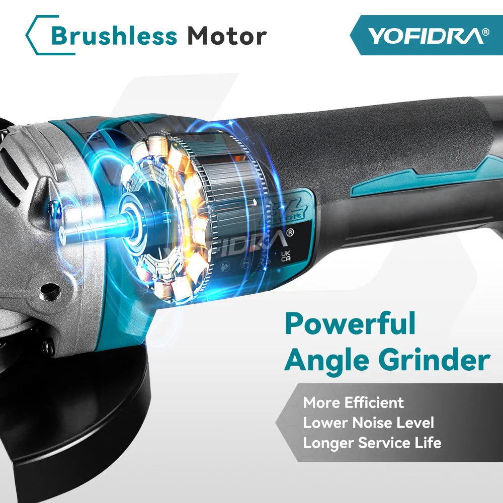 YOFIDRA Smerigliatrice Angolare Elettrica Senza Spazzole da 125mm a 4 Velocità Per Smerigliatura Metallo Legno Lucidatura Taglio Utensile Elettrico Per Perno Batteria Makita