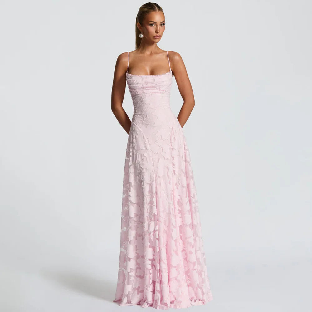 Jacquard Chiffon Lange Jurk Dames Mouwloze Bandage Jurken Zomer Avond Bruiloft Gast Groen Wit Bordeauxrood Roze Afstuderen