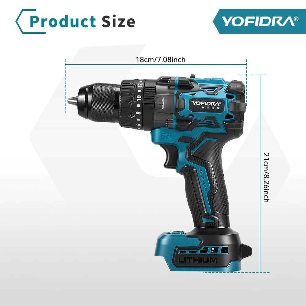 YOFIDRA 900 N.M Trapano Avvitatore a Percussione Elettrico Brushless da 13mm Senza Fili Strumento Elettrico per Legno per Batteria Makita 21V