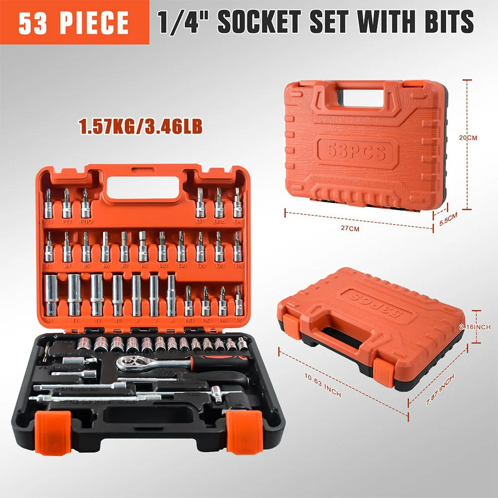 Camecho 53 stuks/set 1/4-inch autoreparatieset dopsleutelset autoreparatiegereedschap ratelmoment sleutelcombinatieautoreparatieset