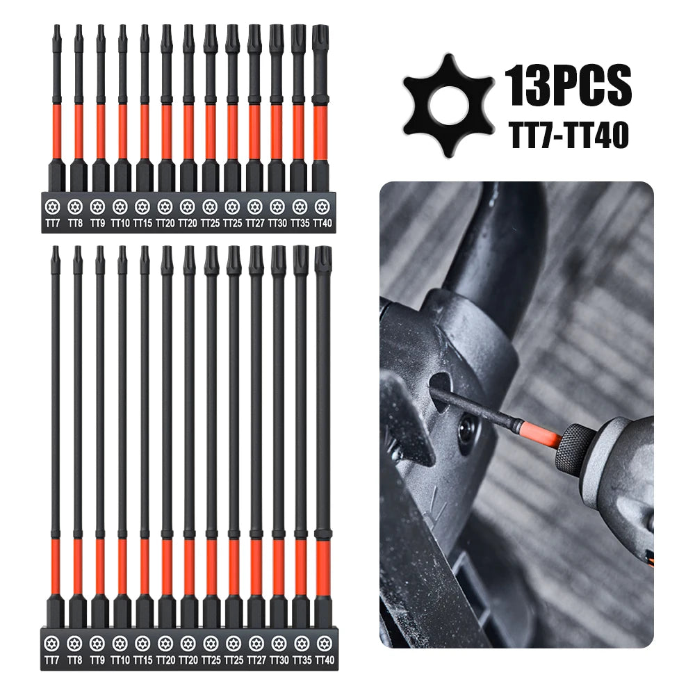 13-delige slagvaste Torx-kop inbussleutel boorbitset, T7-T40 inbussleutelbits S2-staal zeskantschroevendraaierbits met magnetische kop