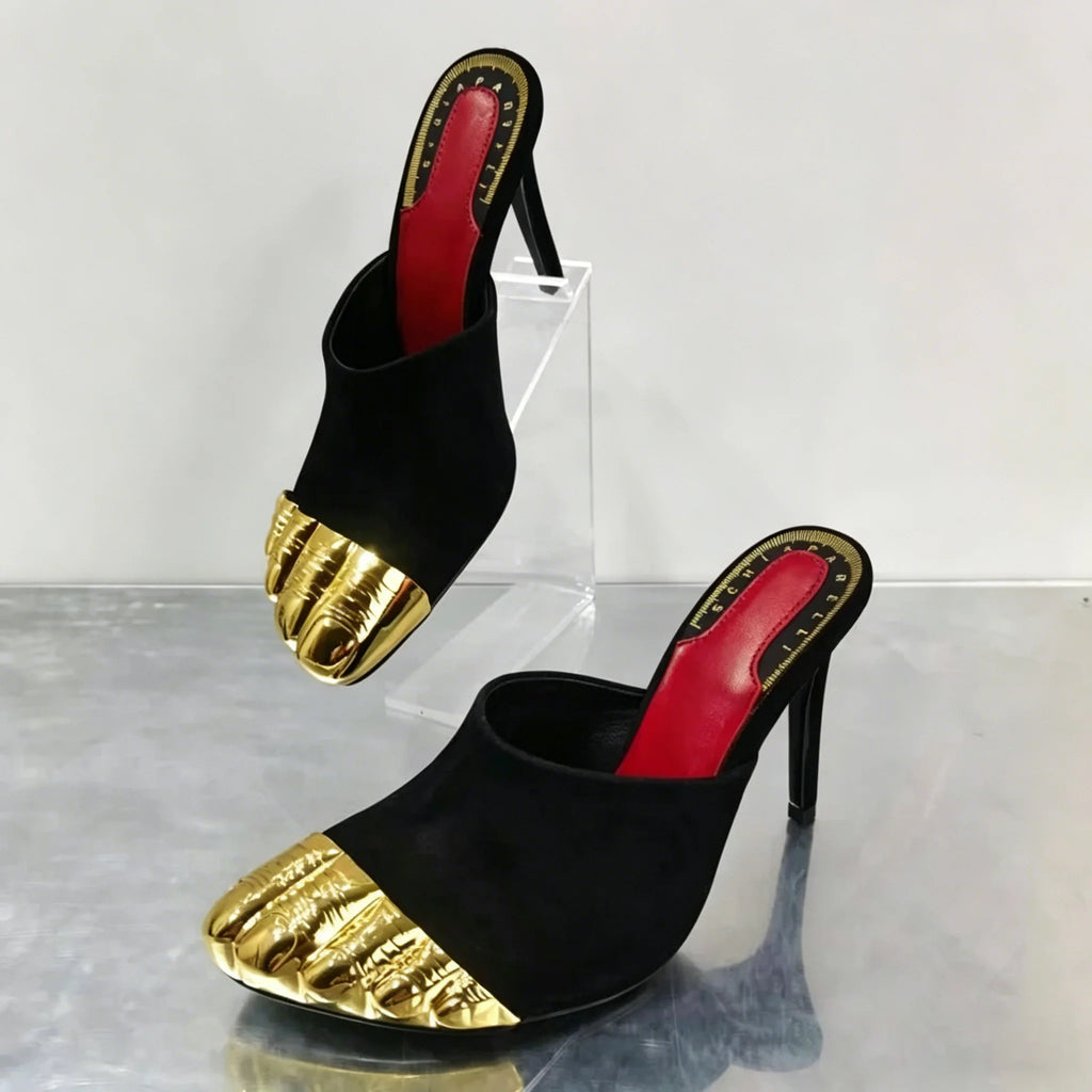 Sandali da Donna Neri con Cinturino Tacco Cinque Dita Punta Tonda Dorata Scamosciati con Foro alla Caviglia Scarpe Estive Stile Street