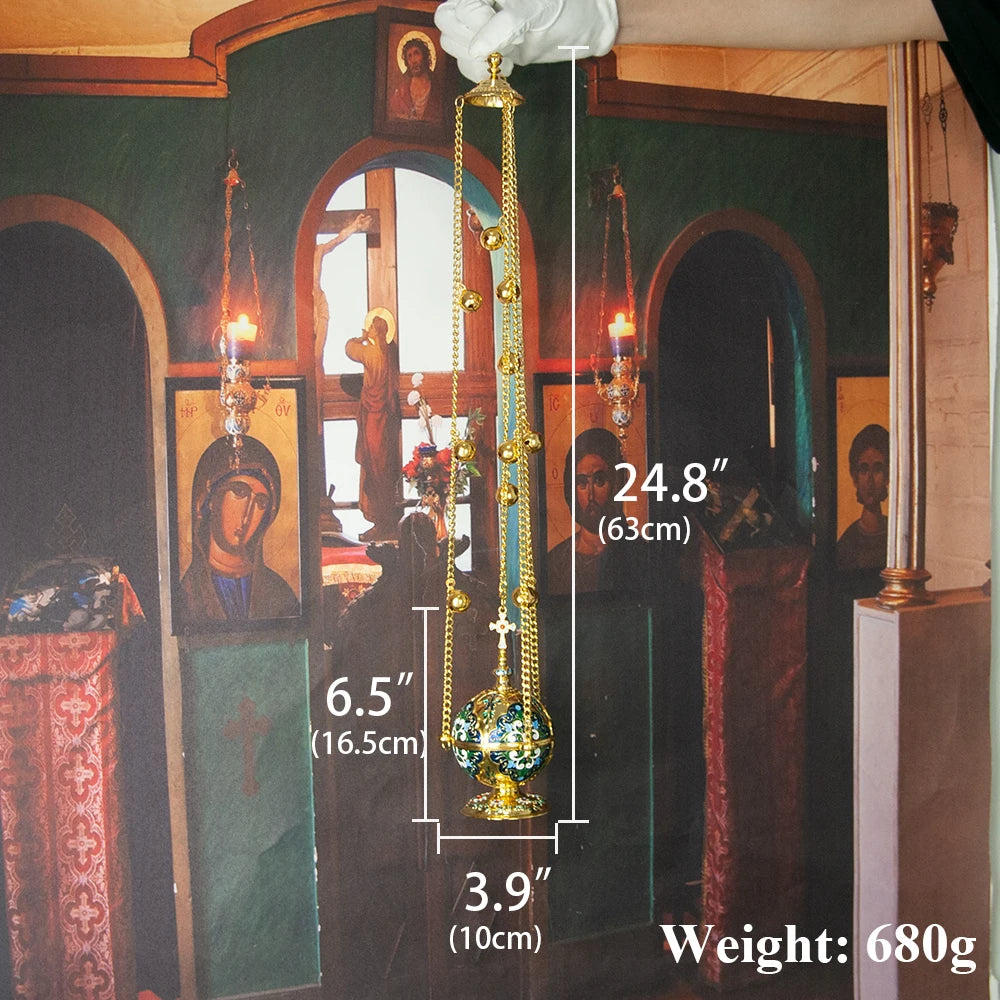 Gold Plated Orthodox Church Censer with Red Pink Blue Enamel Floral Patterns for Christian Liturgy Incense Burning Religious Cer