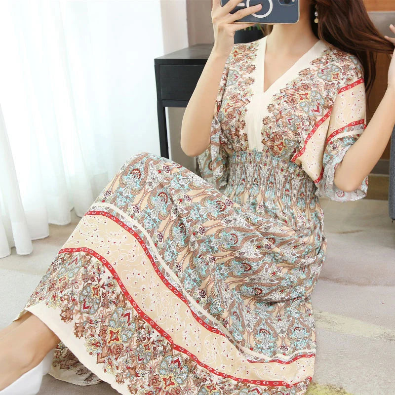 Long Women's Dress Boho Ethnic Bohemian Beach Cotton Blend Artificial Floral Short Sleeve V-neck Vintage Vacation Vestidos Robe