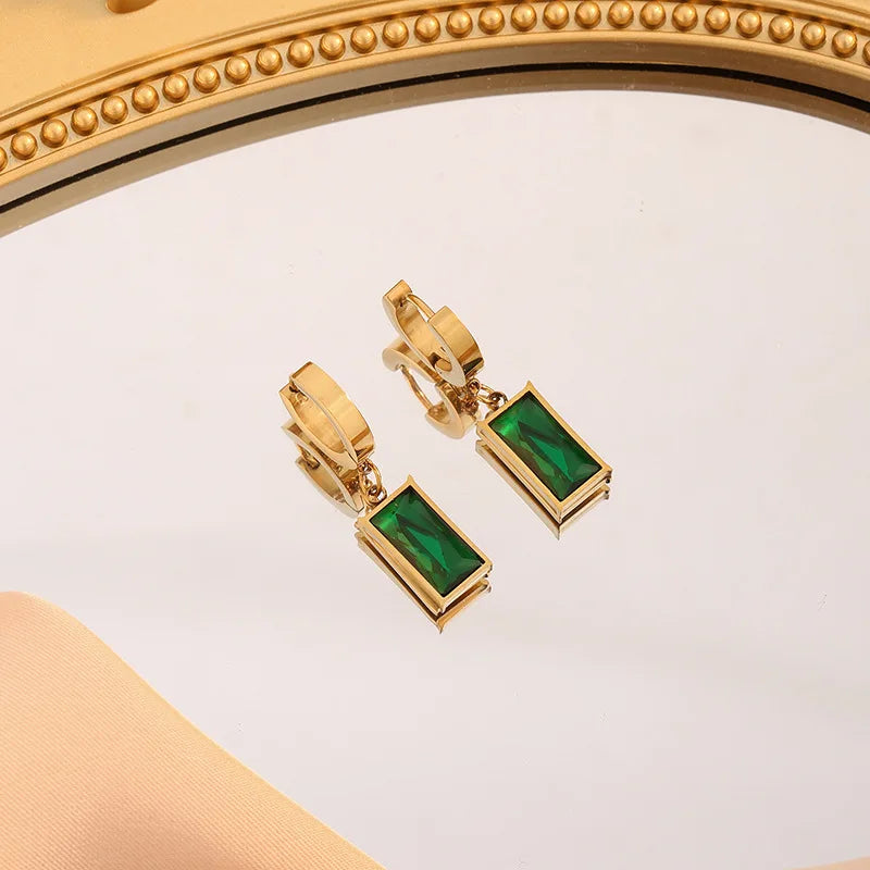 IFYOUOO Set di Collana e Orecchini in Acciaio Inossidabile con Cristallo Verde Quadrato e Zircone per Donne e Ragazze, Nuova Moda Gioielli Inossidabili