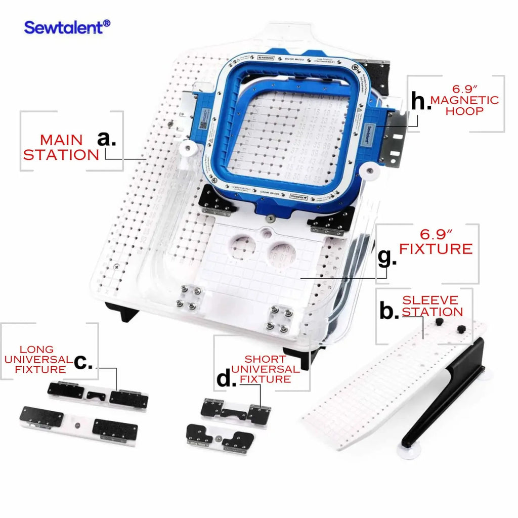 Macchina da ricamo Janome MB4/4S/4SE MB7/7E ed Elna 940/970 con kit di telai Sewtalent Mighty Hoop e piano di intelaiatura
