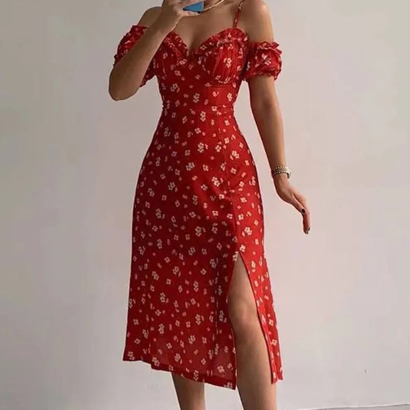 Ruches Bloemen Feest Sexy Jurk Dames Zomer Elegante Strappy Off Shoulder Jurken Vrouwelijke V-hals Slim Maxi Bedrukte Jurk Robe 21764