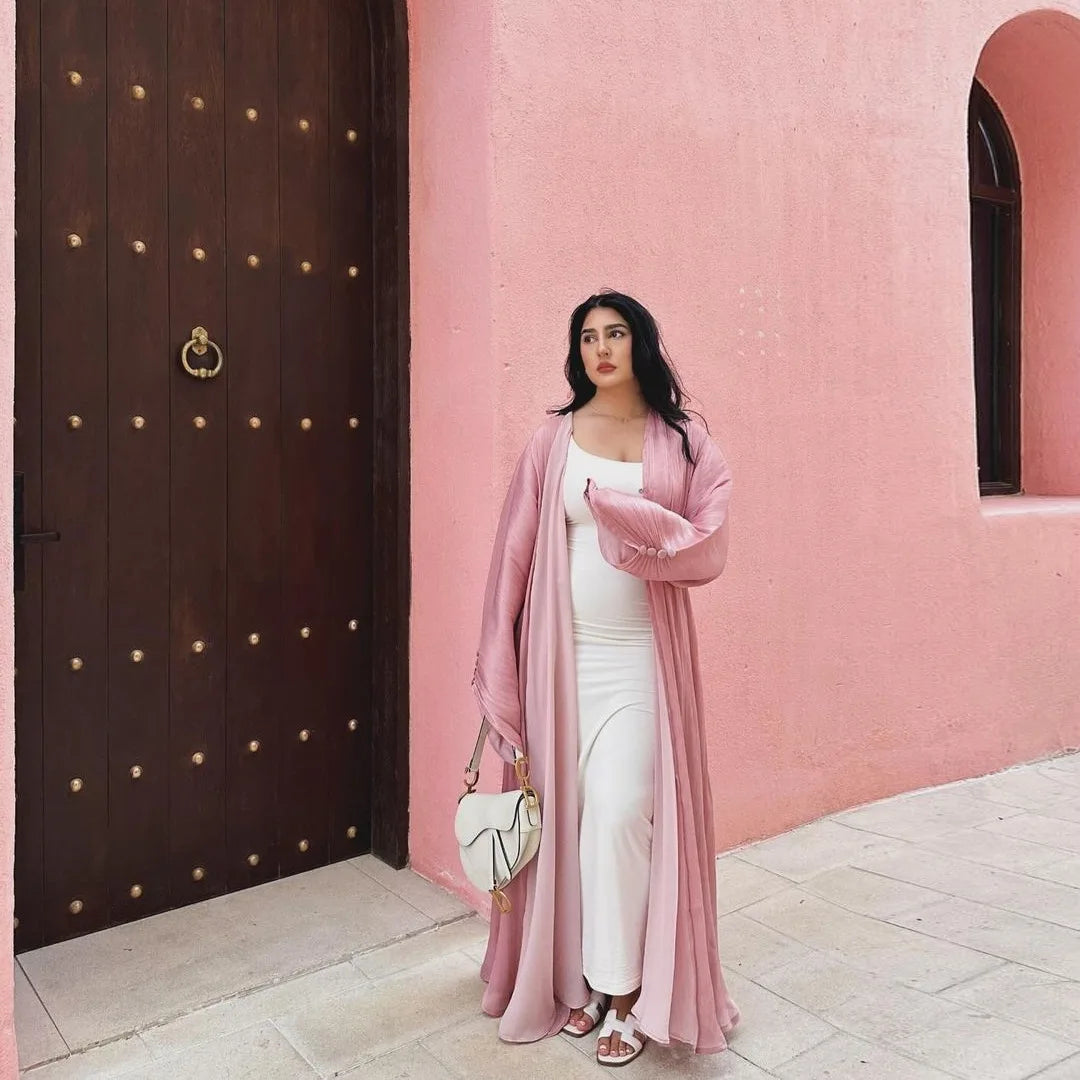 Eid Zijdeachtige Abaya's voor Vrouwen Moslim Jalabiya Ramadan Jurk met Knopen Mouwen Ramadan Kaftan Feestjurken Vestido Largo Cardigan