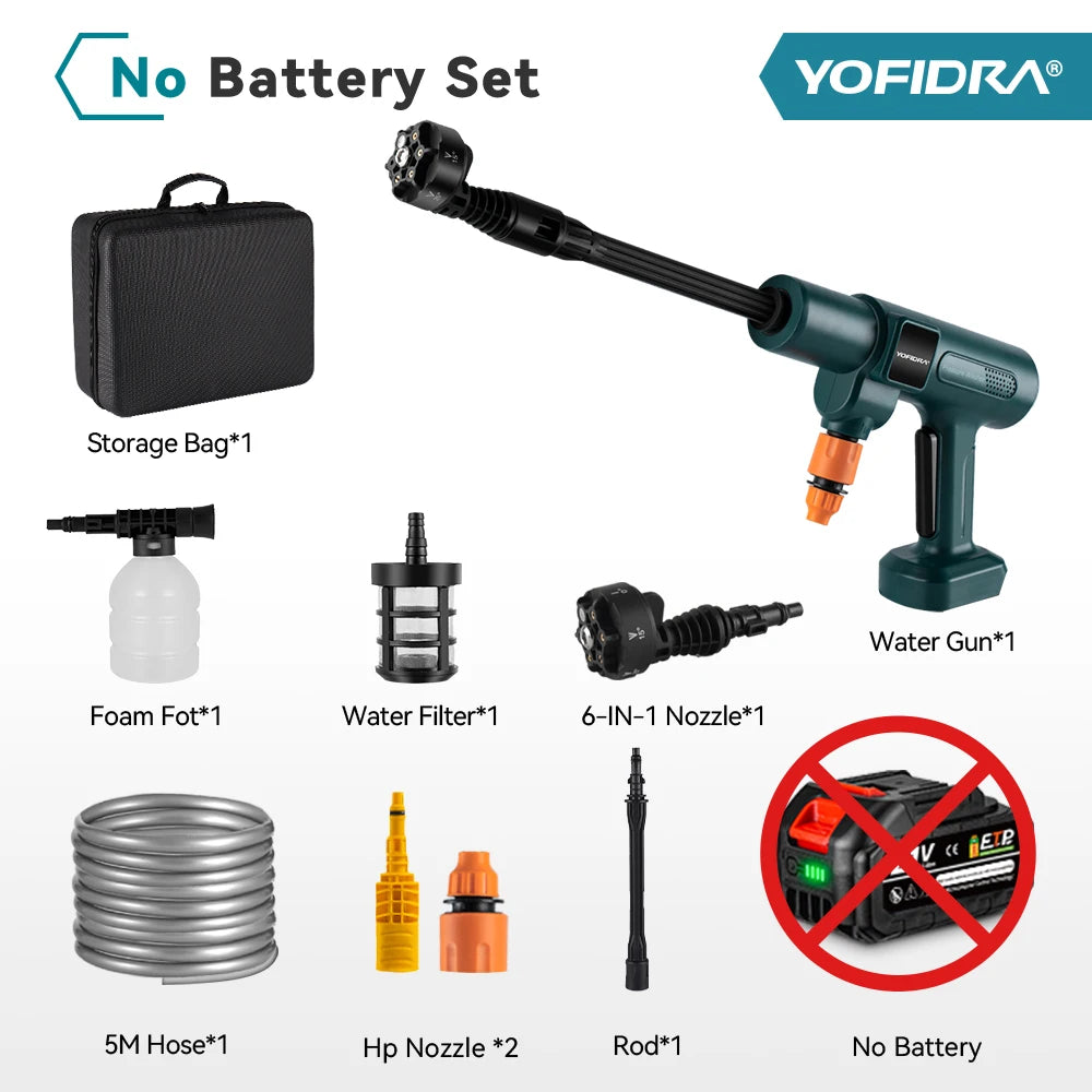 YOFIDRA 200Bar Brushless Electric High Pressure Washer 6-in-1 Car Washing Garden Water Gun For Makita 21V Battery Pin Spray Gun