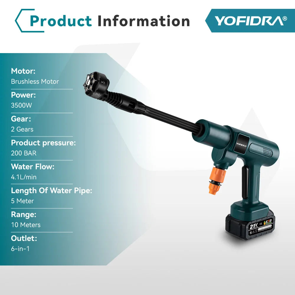 YOFIDRA 200 bar borstelloze elektrische hogedrukreiniger 6-in-1 autowasslang tuinspuit voor Makita 21V accu spuitpistool