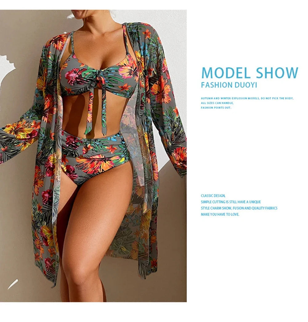 Costume da bagno bikini sexy a vita alta a 3 pezzi con stampa floreale taglia 3XL-S da donna con camicetta a maniche lunghe in rete Super Saldi