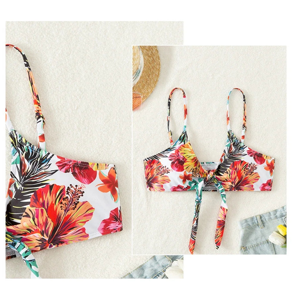 Costume da bagno bikini sexy a vita alta a 3 pezzi con stampa floreale taglia 3XL-S da donna con camicetta a maniche lunghe in rete Super Saldi