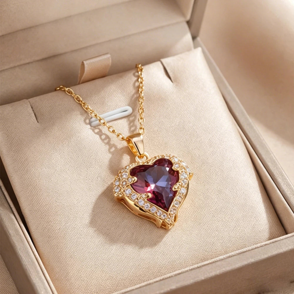 Collana Pendente Cuore Oceano in Cristallo Colorato di Lusso Top per Donna Trendy Gioielli in Acciaio Inossidabile 316L Catena da Collo Femminile per Matrimonio