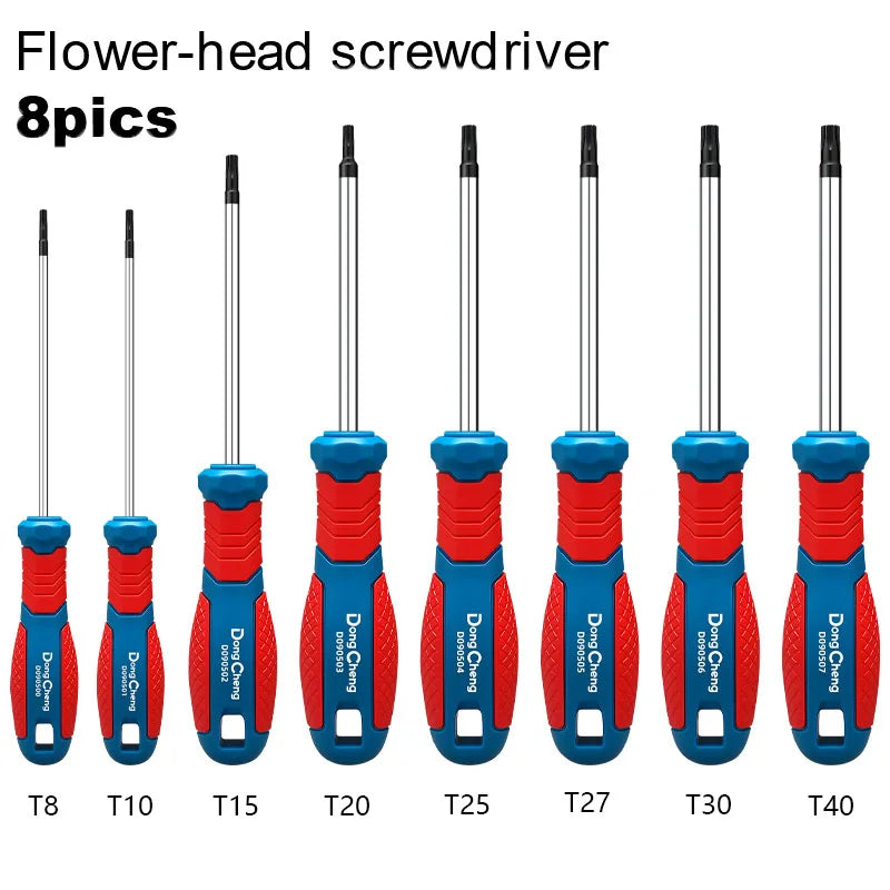 8-delige Torx schroevendraaierset T8-T40 100 mm CR-V warmtebehandeld magnetische tip verchroomde bi-color handgreep sterke momentsleutelset