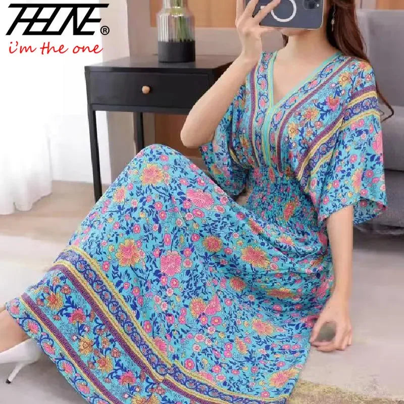 Long Women's Dress Boho Ethnic Bohemian Beach Cotton Blend Artificial Floral Short Sleeve V-neck Vintage Vacation Vestidos Robe