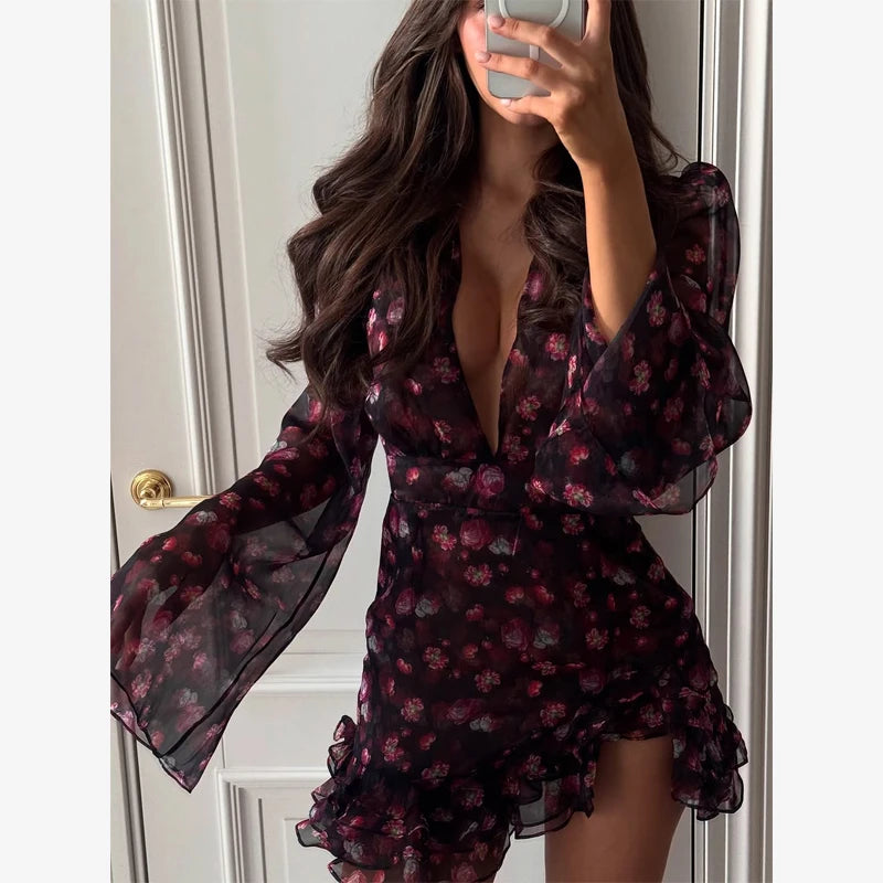 Flora Painted Ruffle Mini Dress Abito elegante da donna a maniche lunghe con scollo a V profondo Abiti sottili a trapezio 2026 Abbigliamento da strada per le vacanze da donna Nuovo