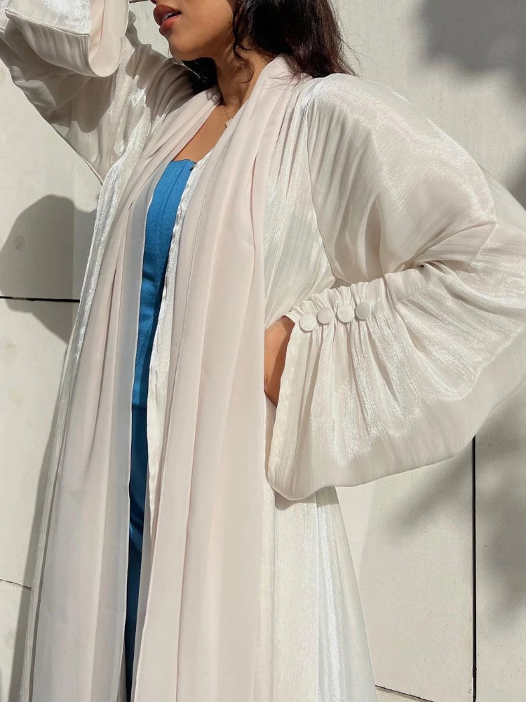 Eid Zijdeachtige Abaya's voor Vrouwen Moslim Jalabiya Ramadan Jurk met Knopen Mouwen Ramadan Kaftan Feestjurken Vestido Largo Cardigan