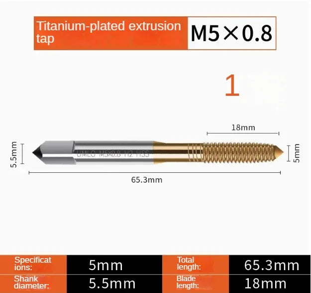 Titanium coated spiral tap extrusion tap tip tap tapping m2m2.5m3m4m5m6m8m10m12m14m16m18m20m22m24