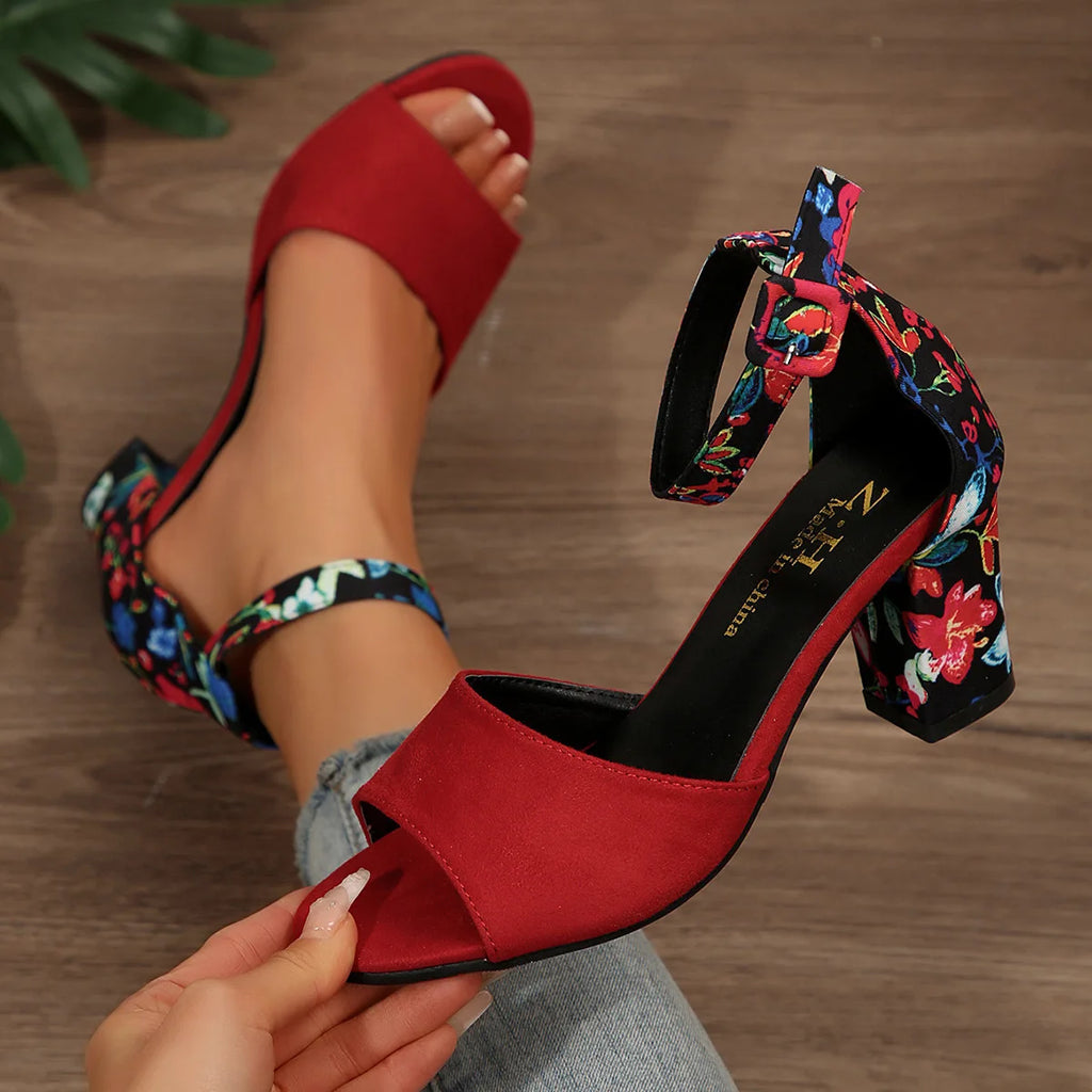 Scarpe estive da donna 2026 Sandali alti con stampa floreale vintage, open toe, tacco alto, casual, con fibbia alla caviglia
