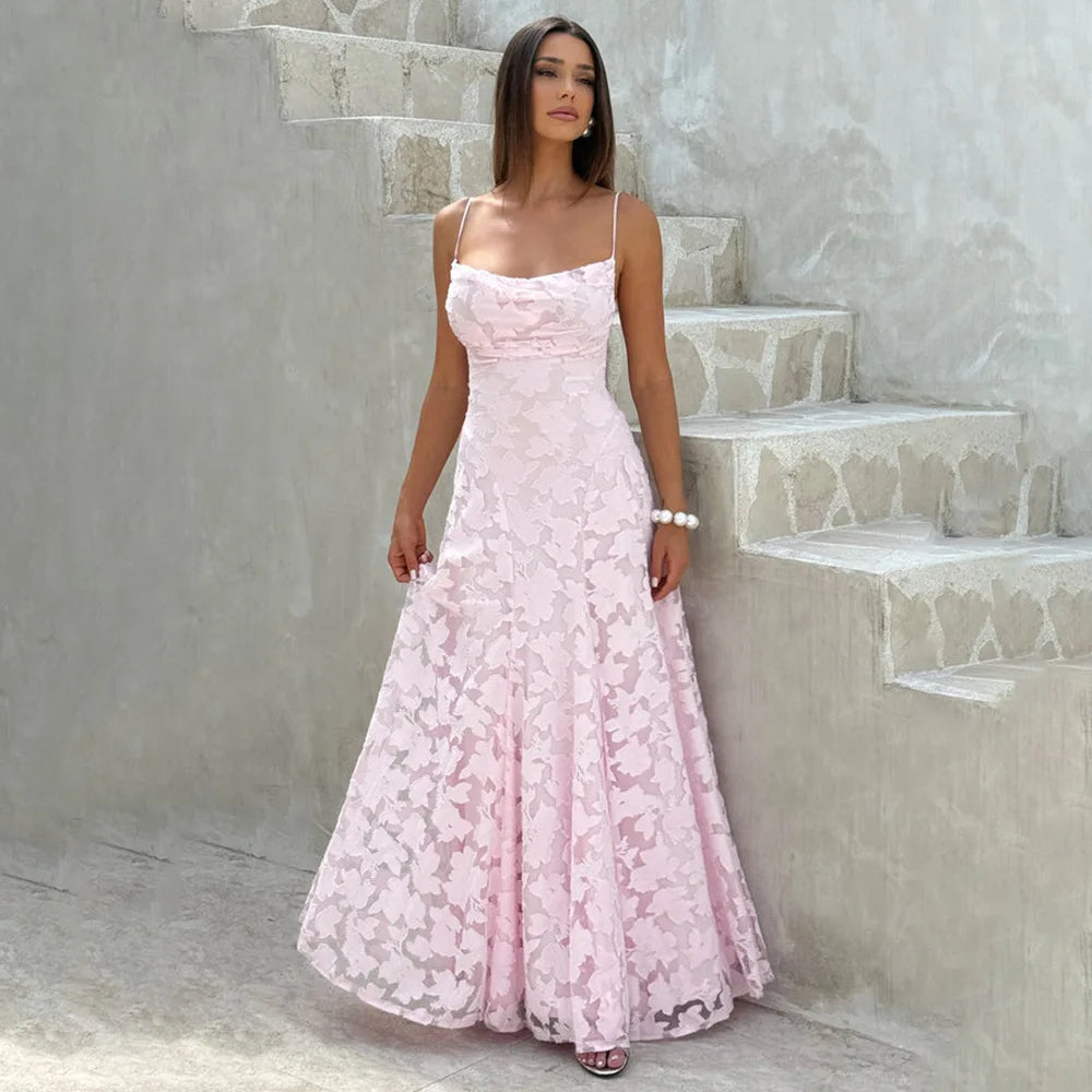 Jacquard Chiffon Lange Jurk Dames Mouwloze Bandage Jurken Zomer Avond Bruiloft Gast Groen Wit Bordeauxrood Roze Afstuderen