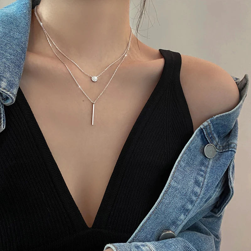 Popular Fashion 925 Sterling Silver Double Layer Pendant Necklace For Women Clavicle Chain Luxury Jewelry Chokers Gift