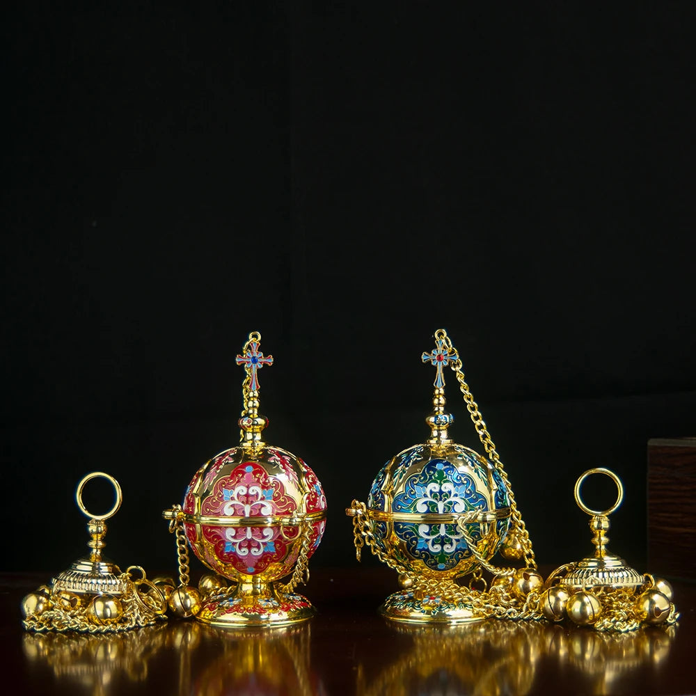 Gold Plated Orthodox Church Censer with Red Pink Blue Enamel Floral Patterns for Christian Liturgy Incense Burning Religious Cer
