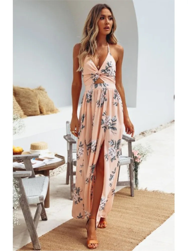 Bedrukte jurk met split vooraan en open rug, strik, 2026 Nieuwe Zomer Dames Modieuze Sexy Temperament Mouwloze Strand Lange Jurk