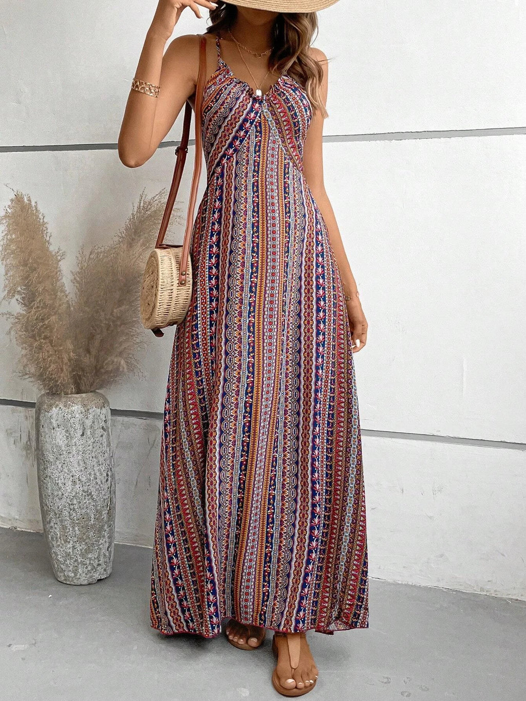 Dames Zomer Jurk met Etnisch Patroon, Open Rug en Split - Dames Zomerkleding Boho Mode Ruches Lange Jurk voor Strand