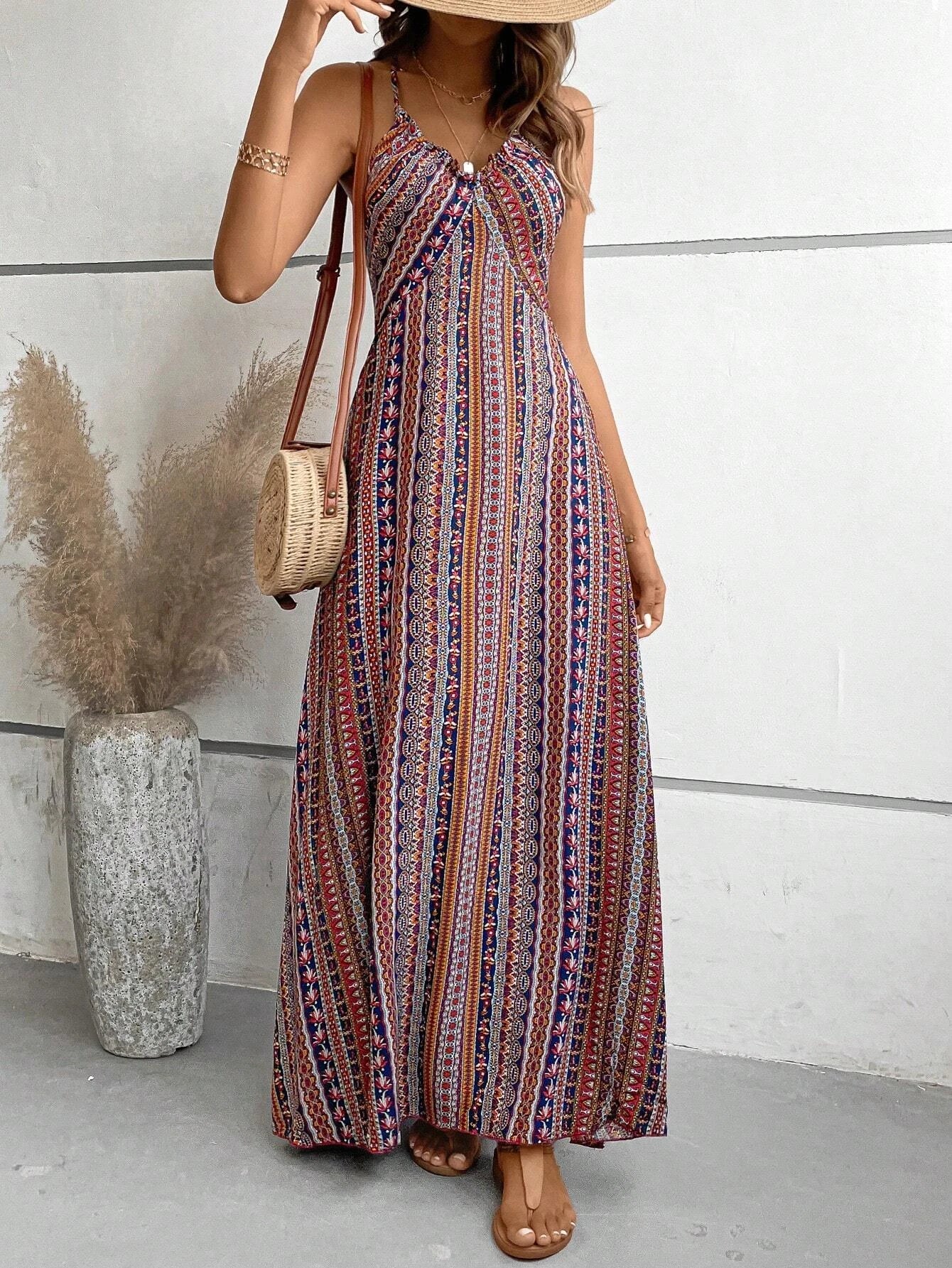 Dames Zomer Jurk met Etnisch Patroon, Open Rug en Split - Dames Zomerkleding Boho Mode Ruches Lange Jurk voor Strand