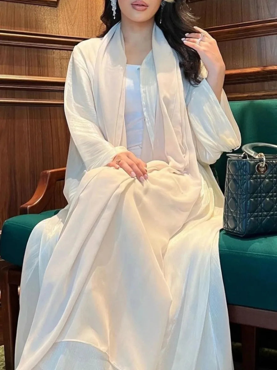 Eid Zijdeachtige Abaya's voor Vrouwen Moslim Jalabiya Ramadan Jurk met Knopen Mouwen Ramadan Kaftan Feestjurken Vestido Largo Cardigan
