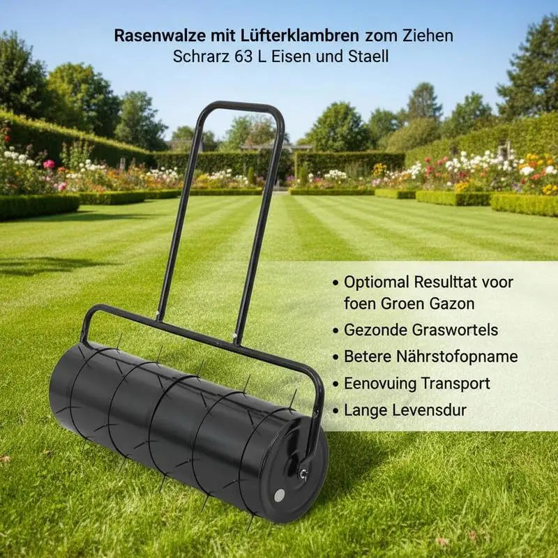 Rullo Compressore Manuale da 63 Litri Nero. Questo rullo per prato con manico è realizzato in acciaio resistente, ha una grande capacità ed è facile da riempire con la sabbia. Anche la sigillatura e lo svuotamento sono comodi.