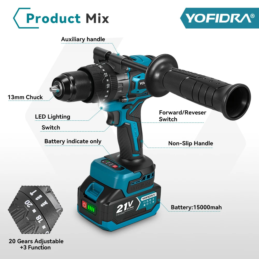 YOFIDRA 900 N.M Trapano Avvitatore a Percussione Elettrico Brushless da 13mm Senza Fili Strumento Elettrico per Legno per Batteria Makita 21V