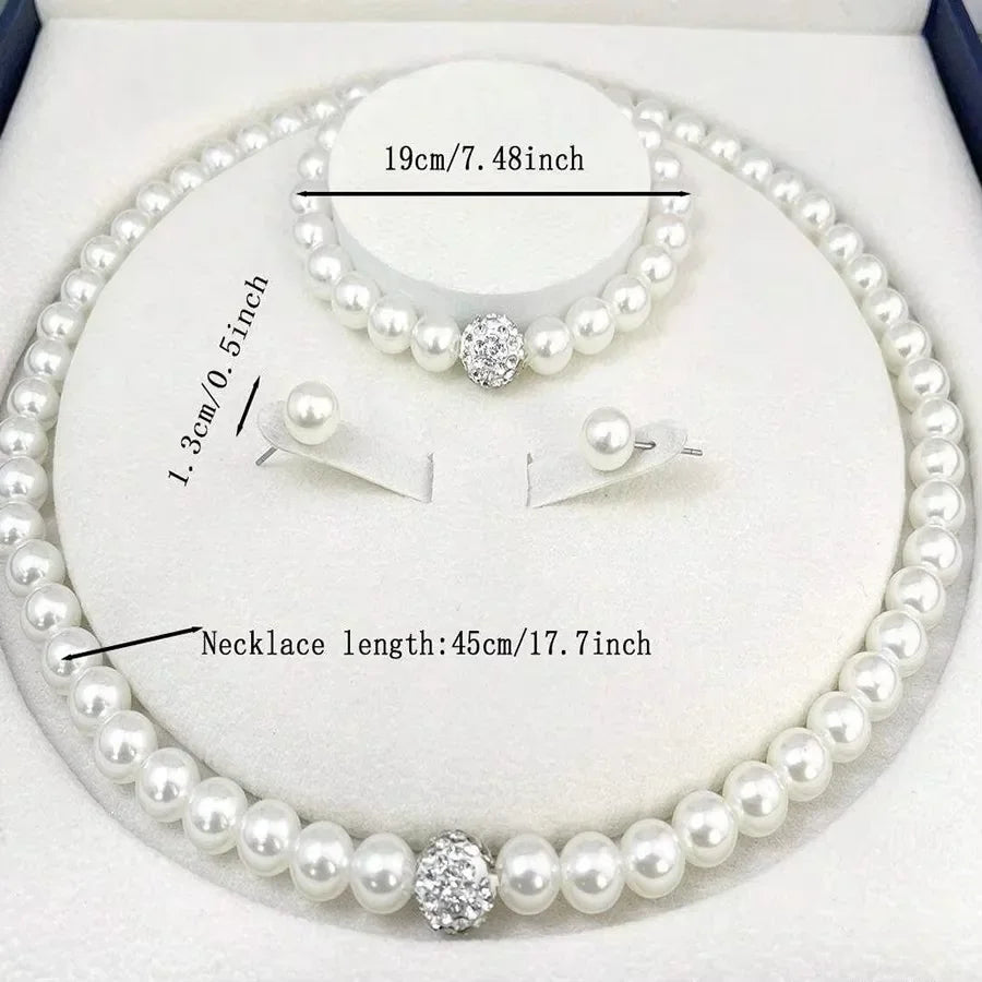 Set di gioielli da 3 pezzi con collana, bracciale e orecchini a perno con finta perla, Fireball, colore argento, con pietra di cristallo, elegante idea regalo per la sposa